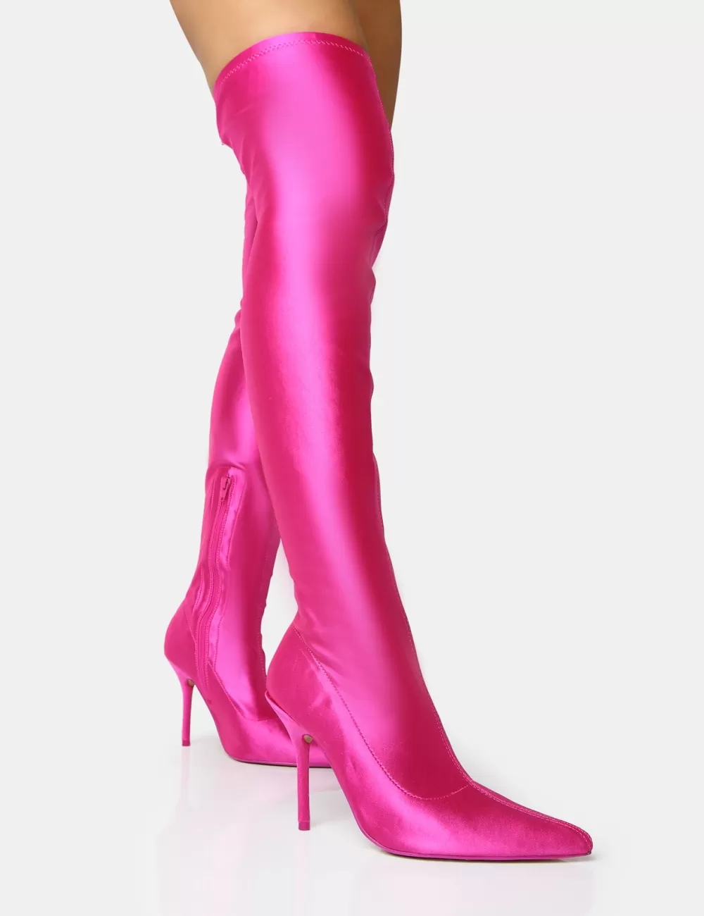 Clearance Public Desire Instinct Lycra Pointed Toe Stiletto Over The Knee Boots Pink