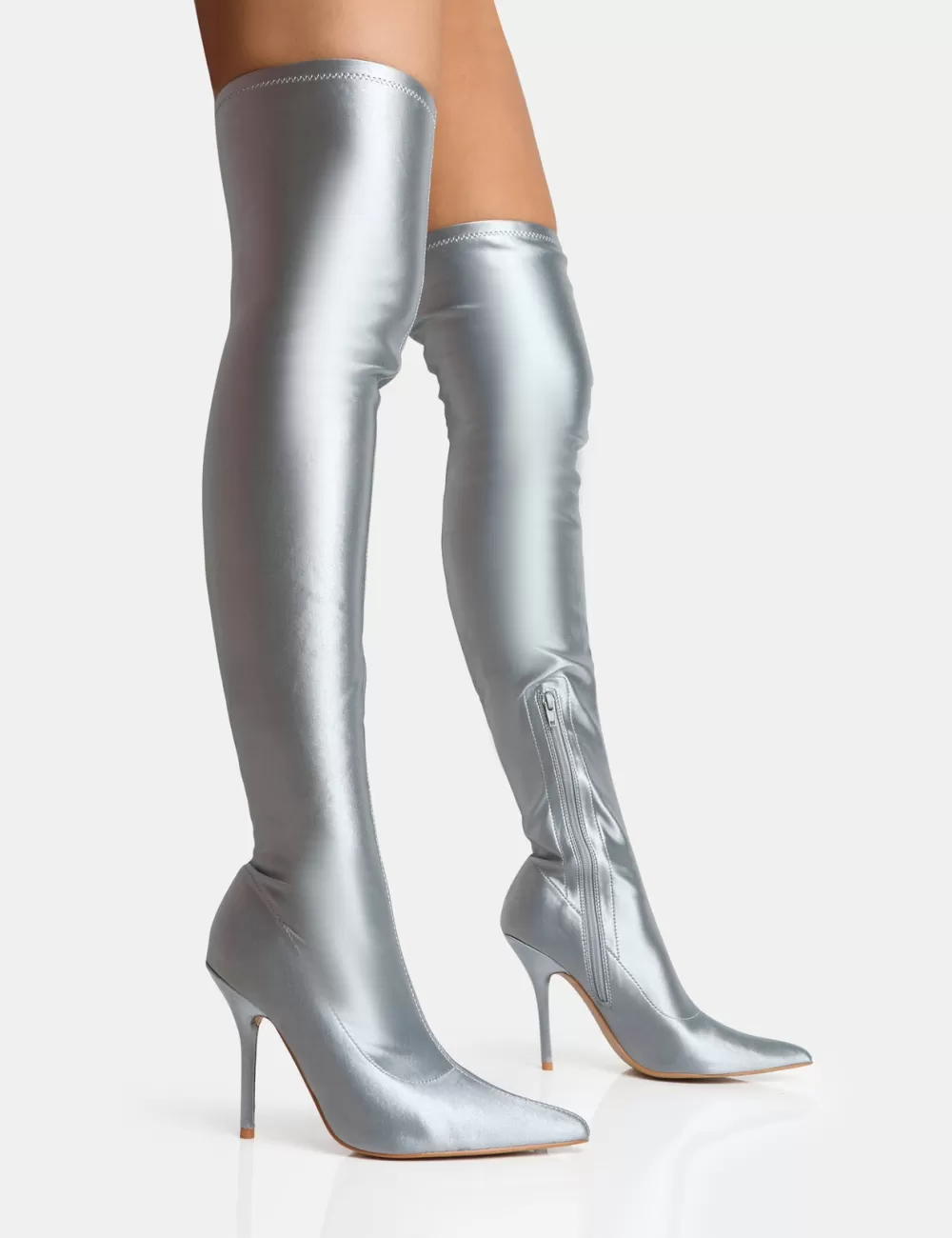 Best Public Desire Instinct Lycra Pointed Toe Stiletto Over The Knee Boots Silver