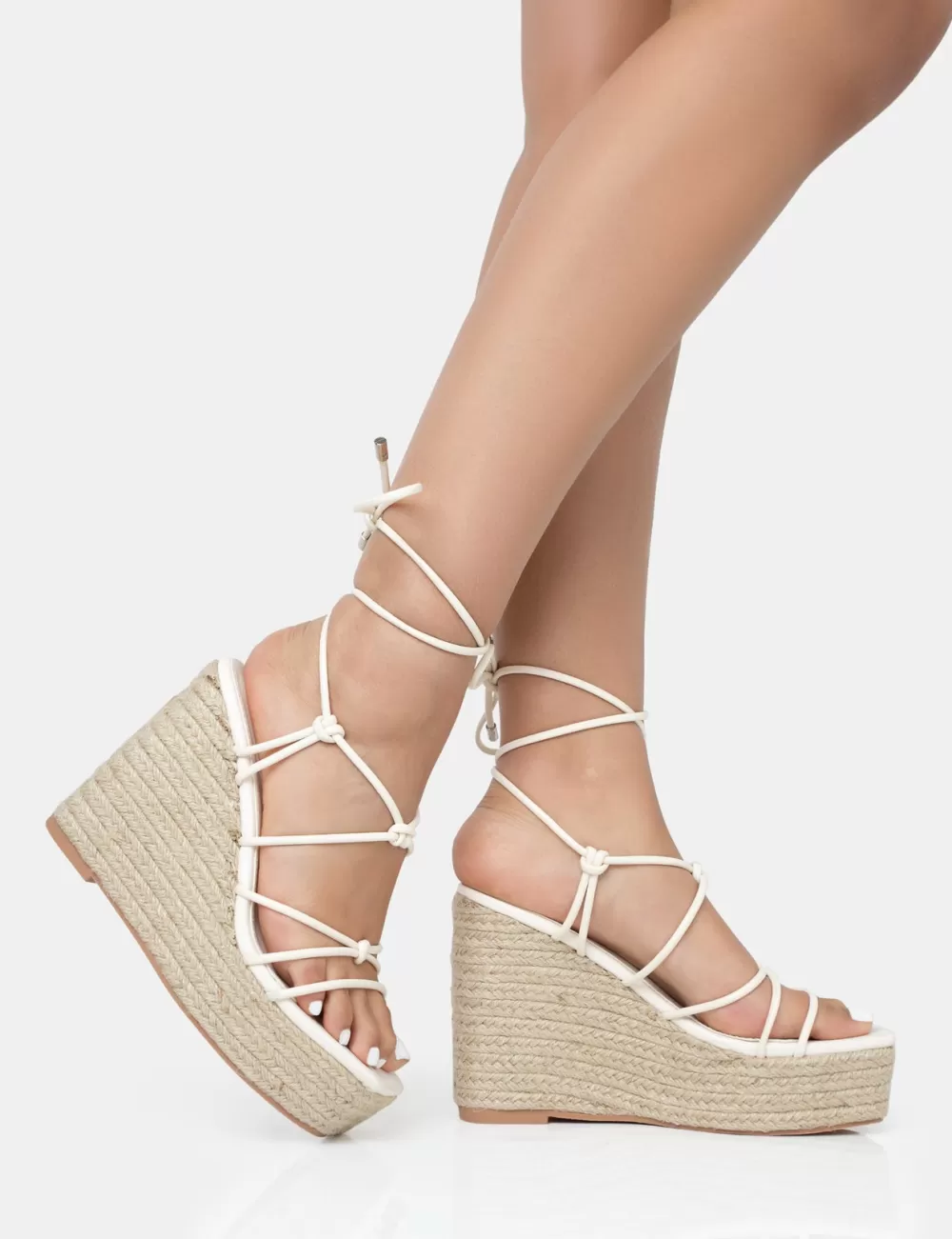 New Public Desire Islander Ecru Lace Up Square Toe High Heeled Sandal Esparille Wedges Neutral