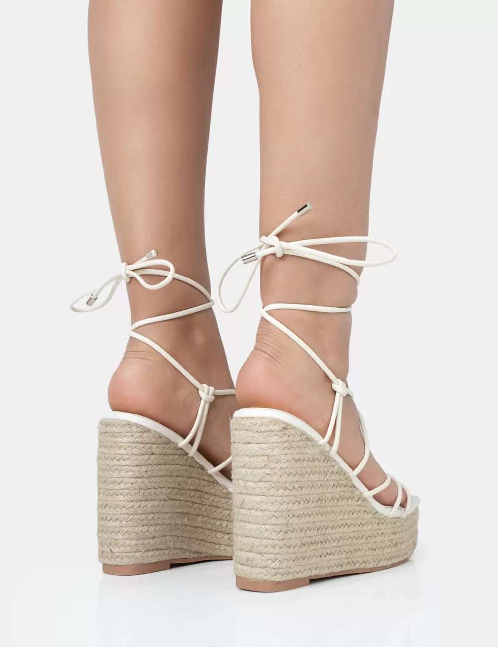 New Public Desire Islander Ecru Lace Up Square Toe High Heeled Sandal Esparille Wedges Neutral