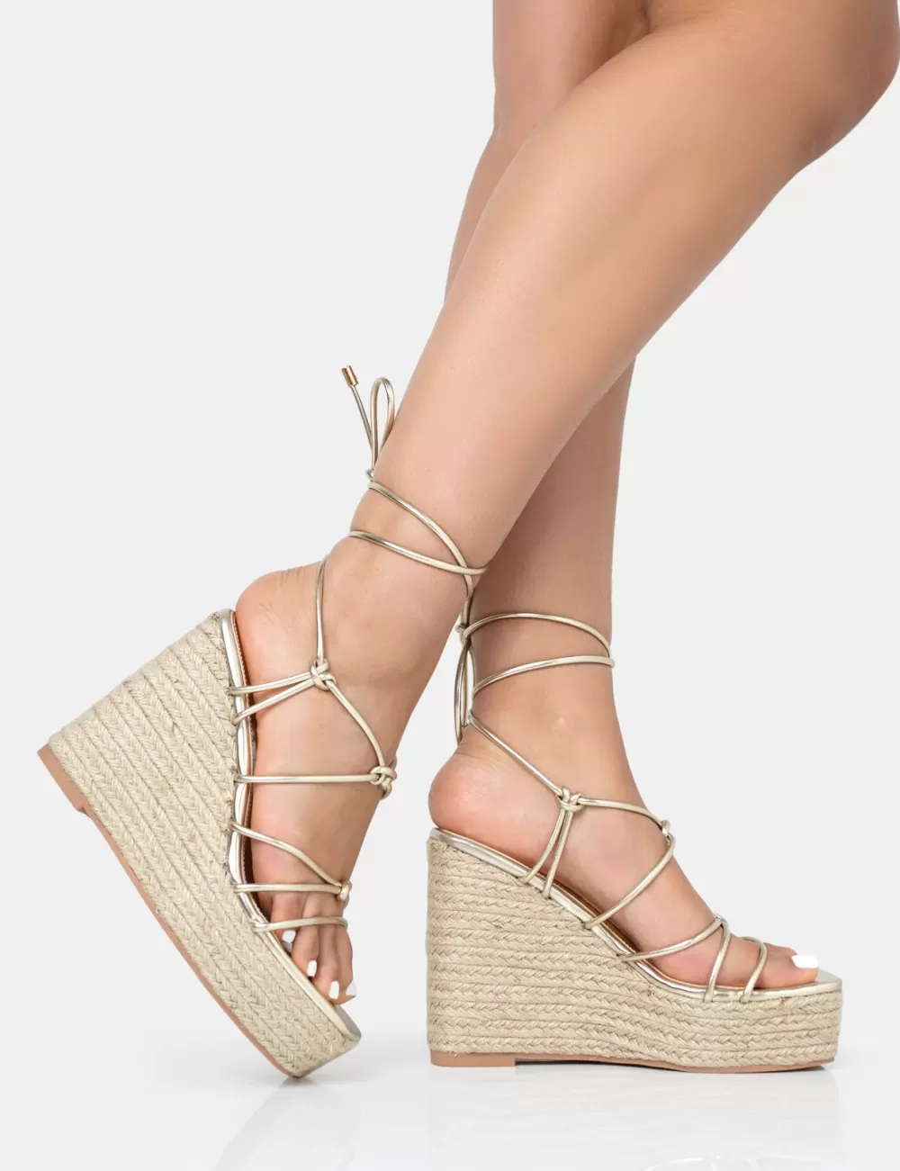 New Public Desire Islander Lace Up Square Toe High Heeled Sandal Esparille Wedges Gold