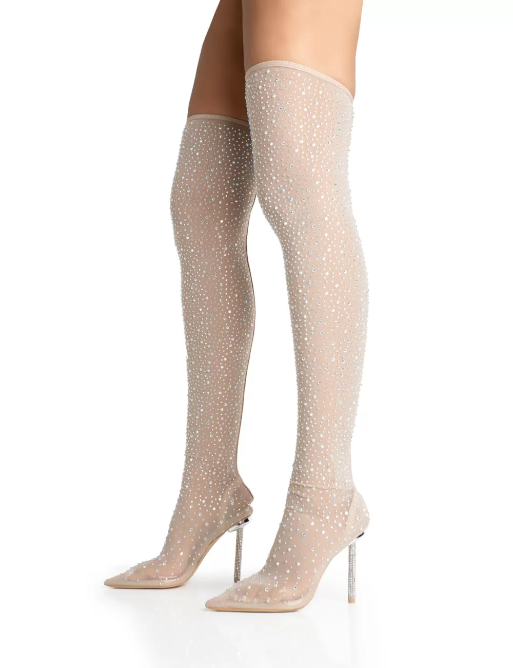 Store Public Desire It Girl Nude Diamante Holographic Detailed Mesh Pointed Toe Stiletto Sock Boot Heels Gold