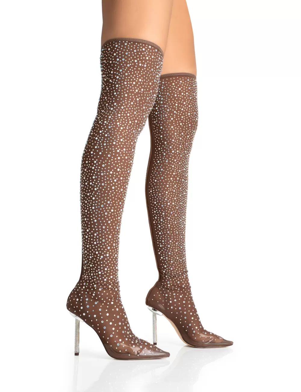 New Public Desire It Girl Nude Diamante Holographic Detailed Mesh Stiletto Boot Heels Brown