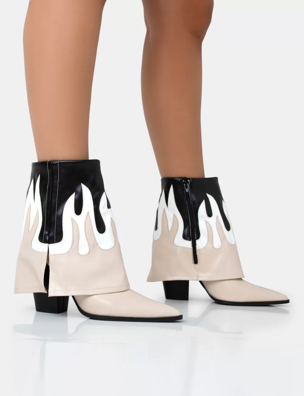 Best Public Desire Jackson Black & Nude Flame Fold Over Pointed Toe Western Ankle Boots Neutral
