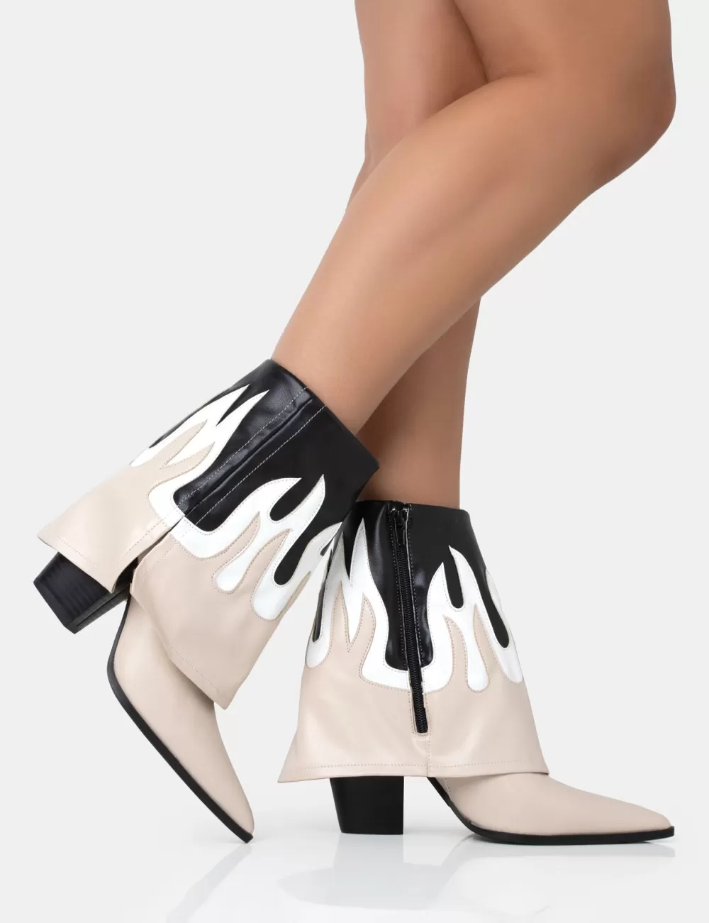 Best Public Desire Jackson Black & Nude Flame Fold Over Pointed Toe Western Ankle Boots Neutral