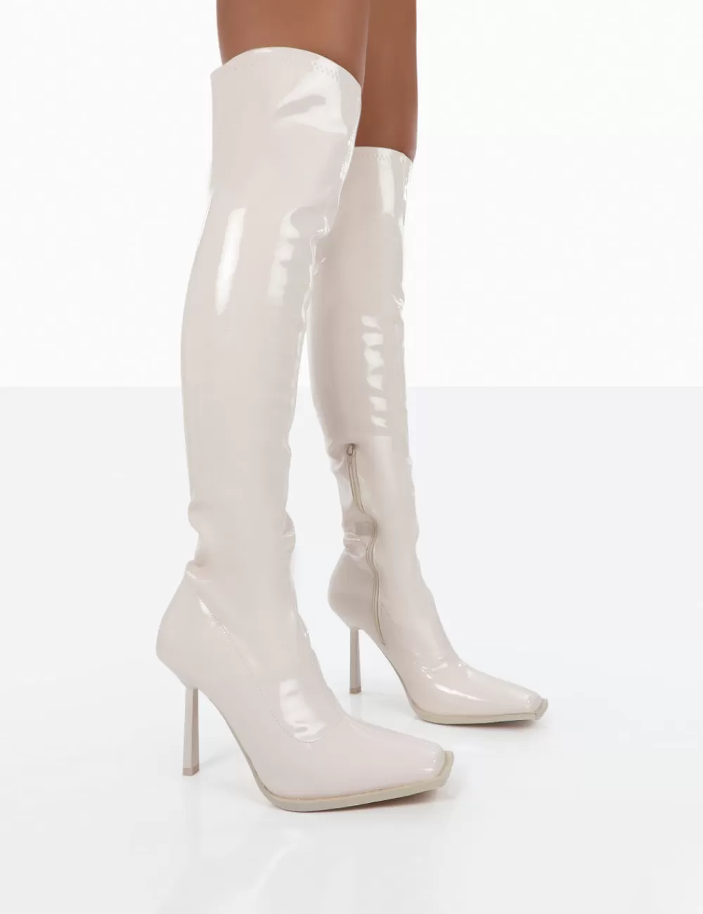 Online Public Desire Jenine Ecru Patent Over The Knee Stiletto Heeled Boots White