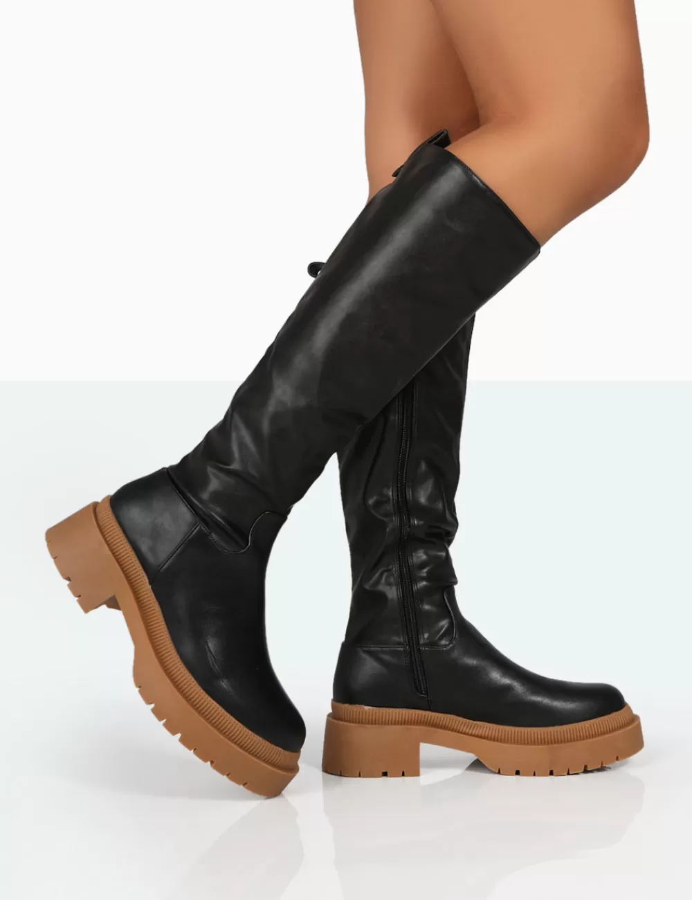 Outlet Public Desire Jersey Pu Contrasting Chunky Sole Knee High Boots Black