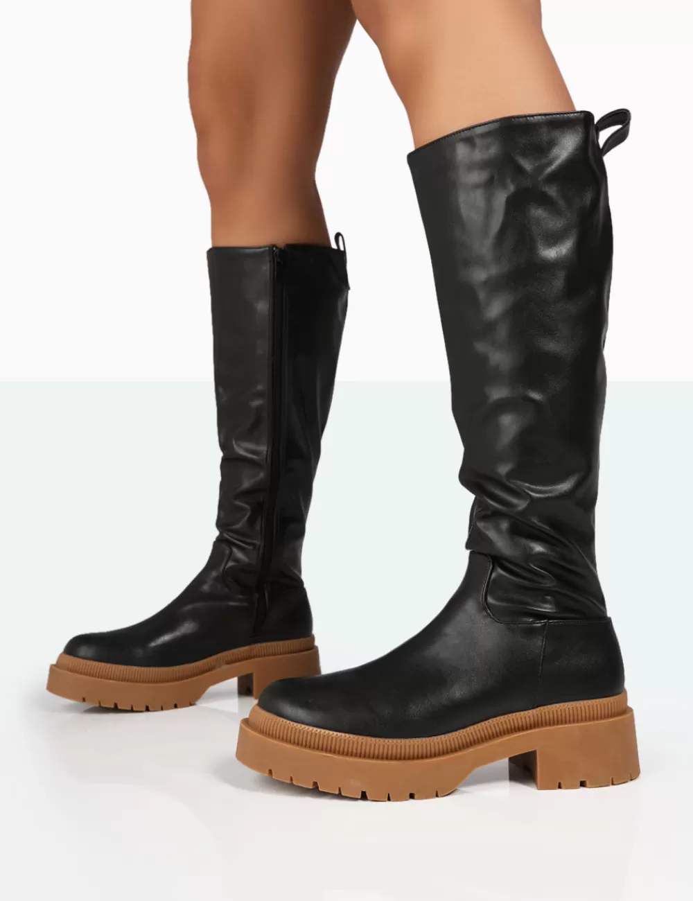 Outlet Public Desire Jersey Pu Contrasting Chunky Sole Knee High Boots Black