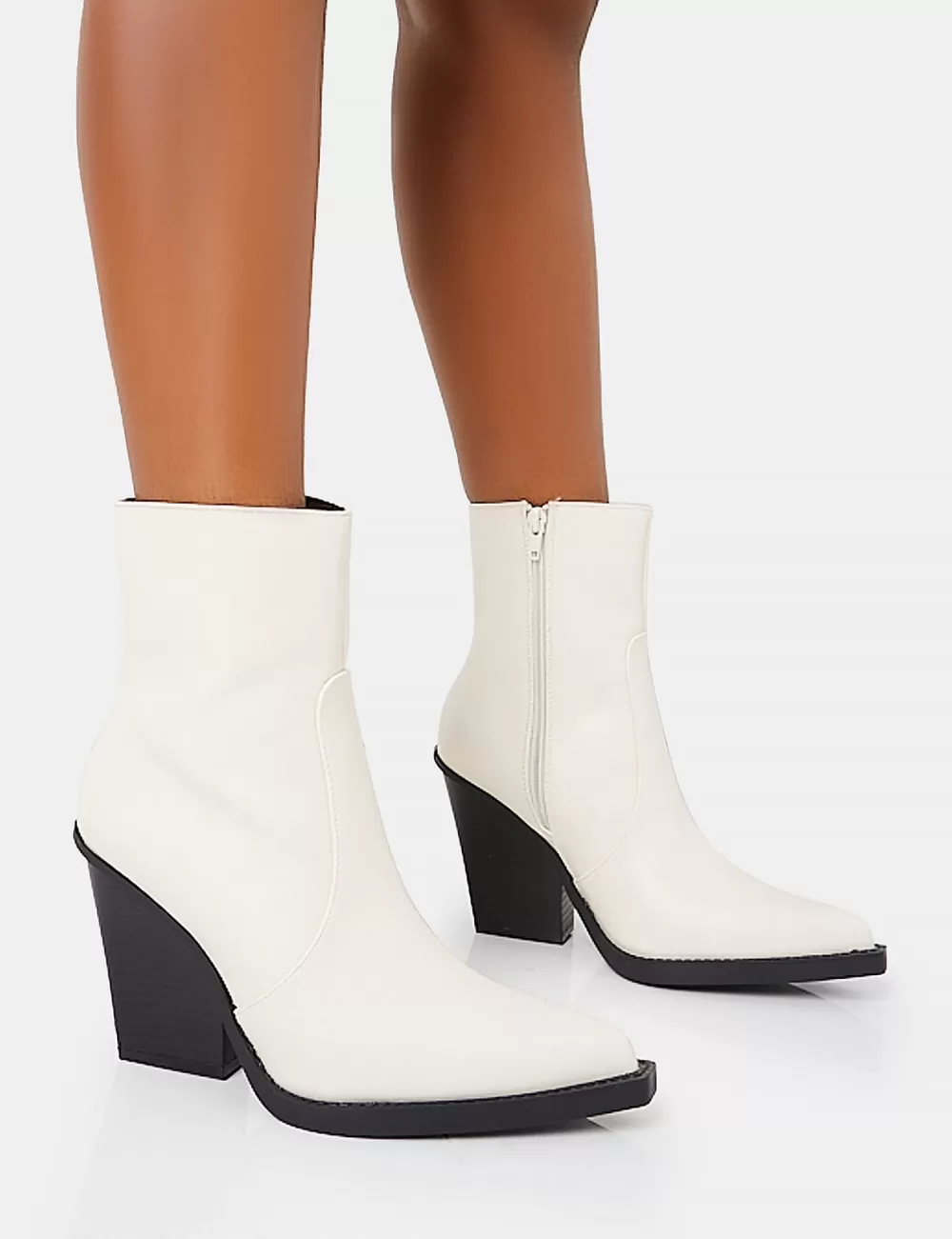 Best Public Desire Jessie Pu Western Black Contrast Sole Block Heeled Ankle Boots White
