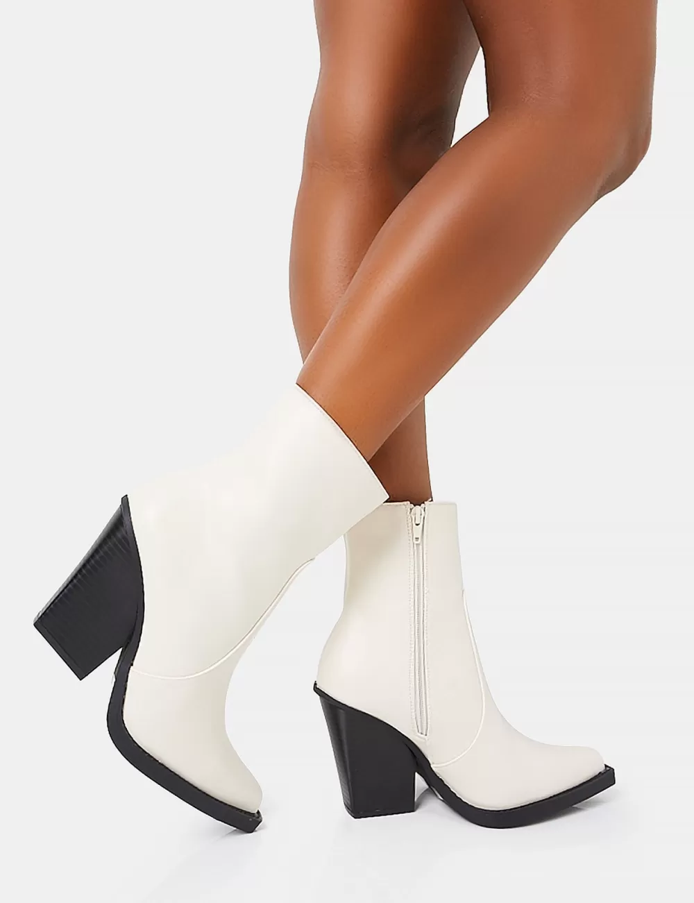 Best Public Desire Jessie Pu Western Black Contrast Sole Block Heeled Ankle Boots White