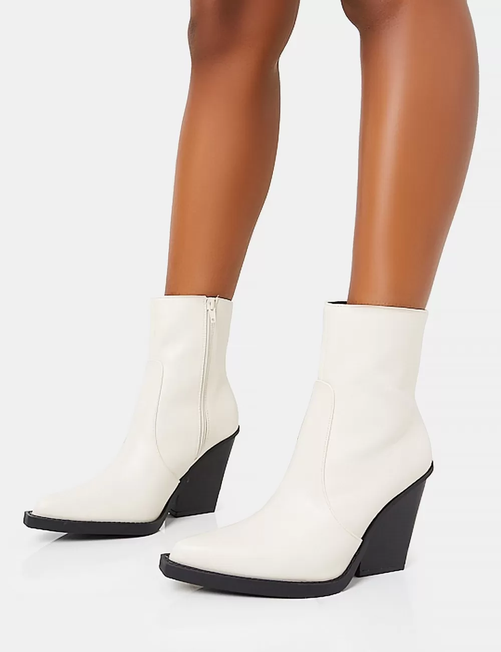 Online Public Desire Jessie Wide Fit Pu Western Pointed Toe Block Heeled Ankle Boots White