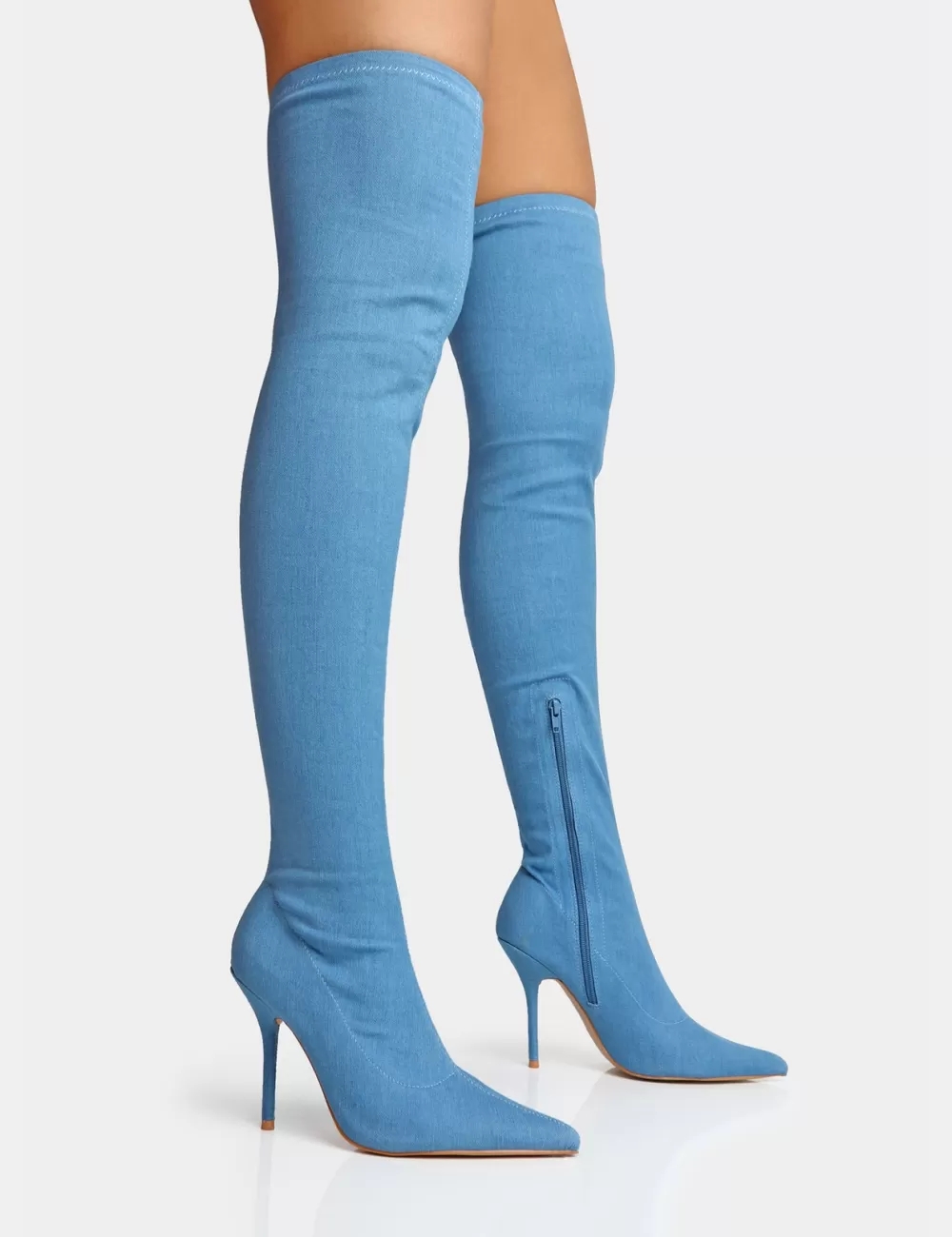Sale Public Desire Jodie Denim Seam Detail Pointed Toe Stiletto Over The Knee Boots Blue