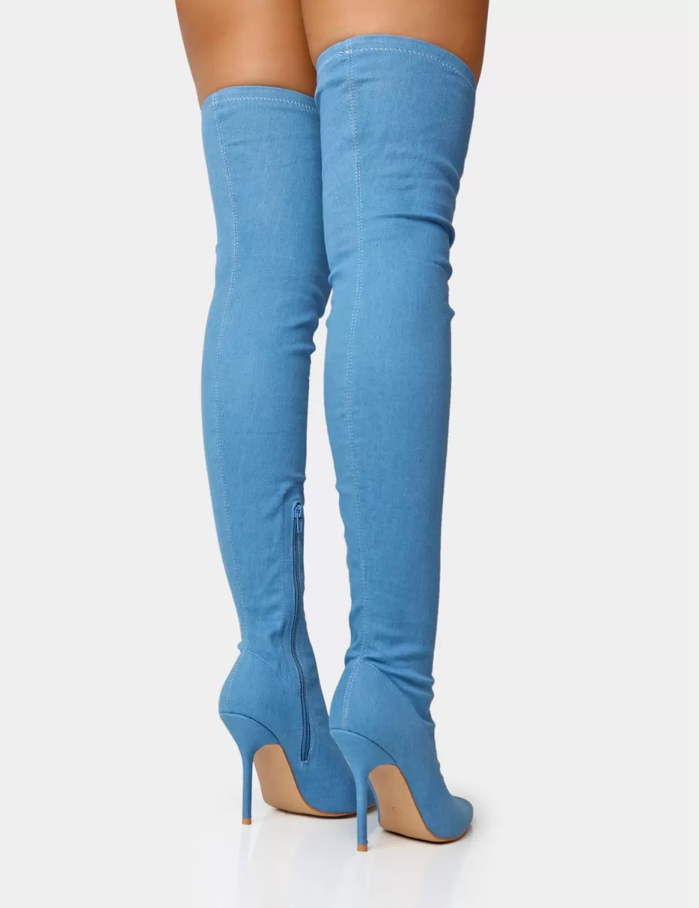 Sale Public Desire Jodie Denim Seam Detail Pointed Toe Stiletto Over The Knee Boots Blue