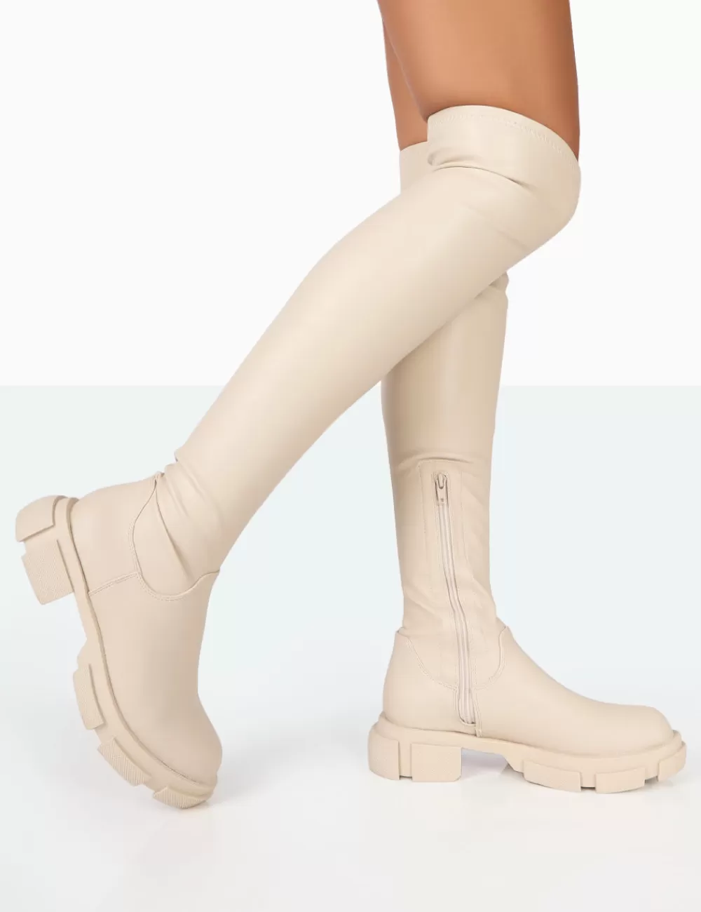 New Public Desire Junya Bone Pu Over The Knee Chunky Sole Boots Ecru