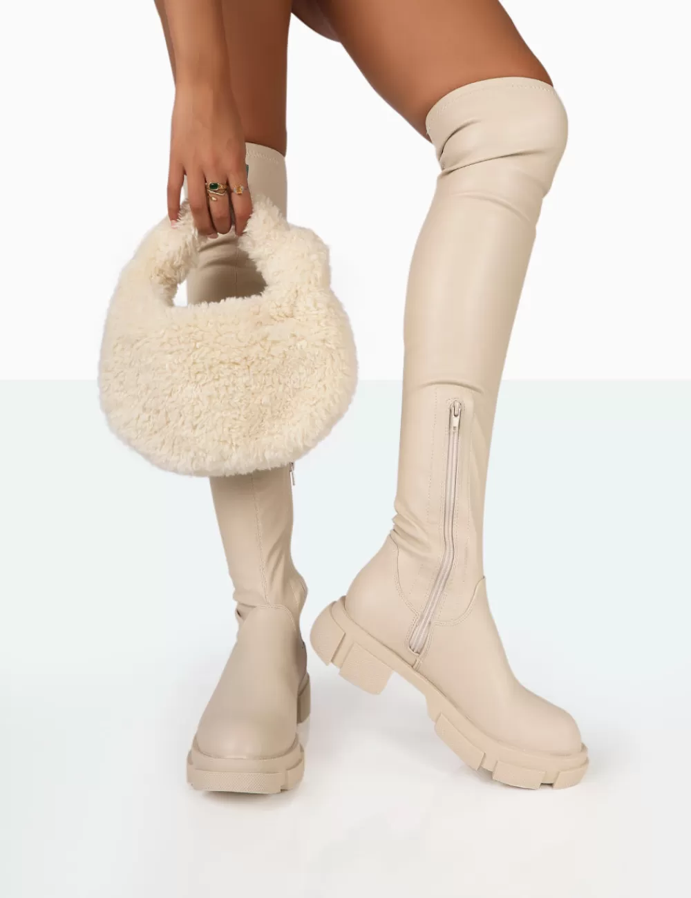 New Public Desire Junya Bone Pu Over The Knee Chunky Sole Boots Ecru