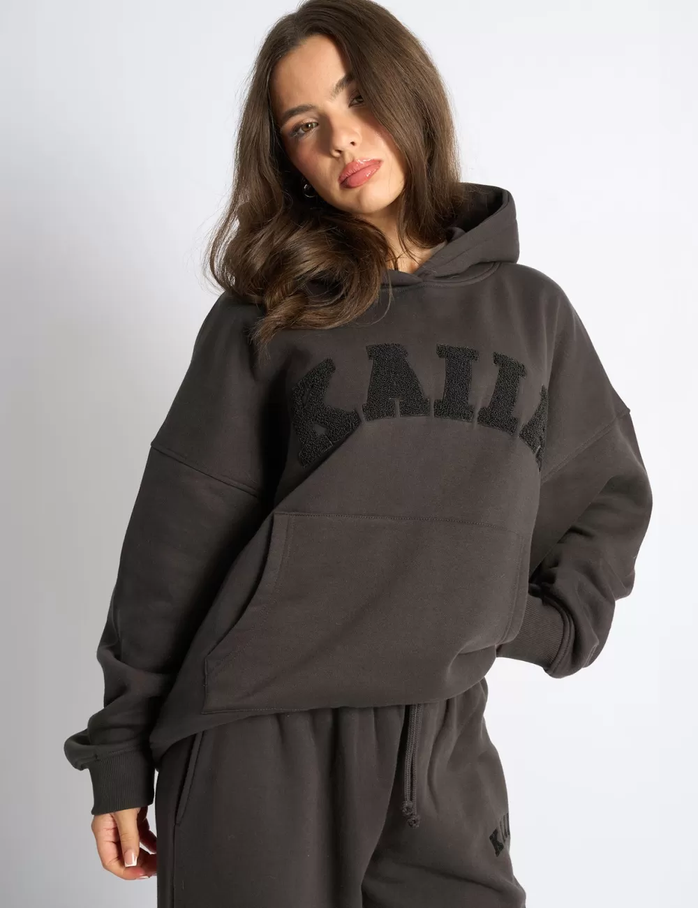 New Public Desire Kaiia Borg Slogan Oversized Hoodie Chocolate