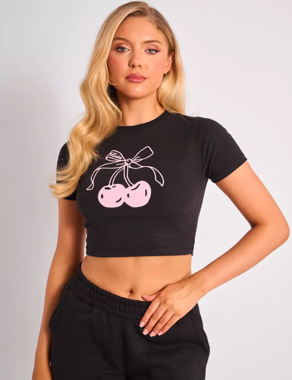 Cheap Public Desire Kaiia Bow Cherry Graphic Baby Tee Black & Pink Black_pink