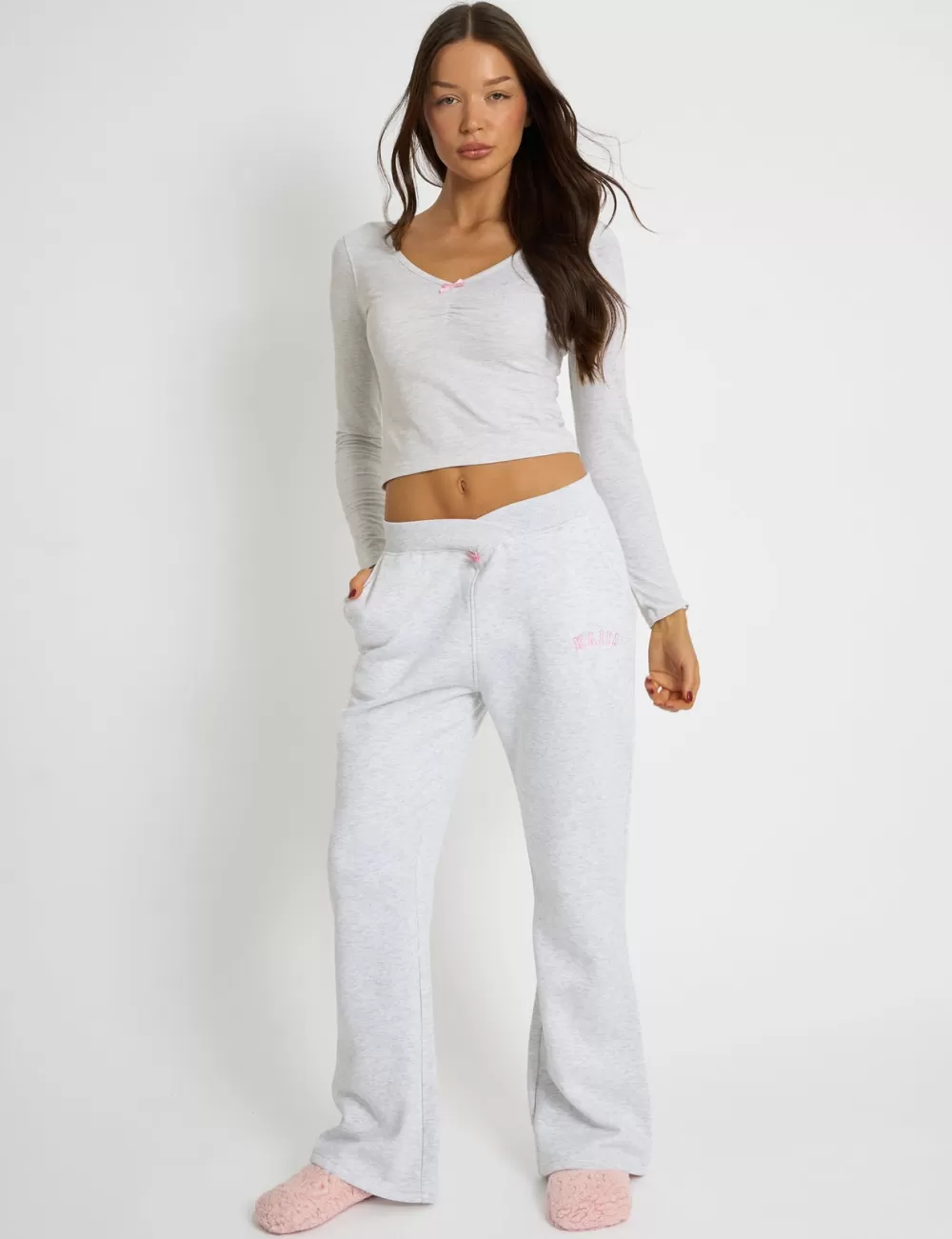 Discount Public Desire Kaiia Bow Detail Cross Over Waistband Joggers Light Grey Marl Light_grey_marl