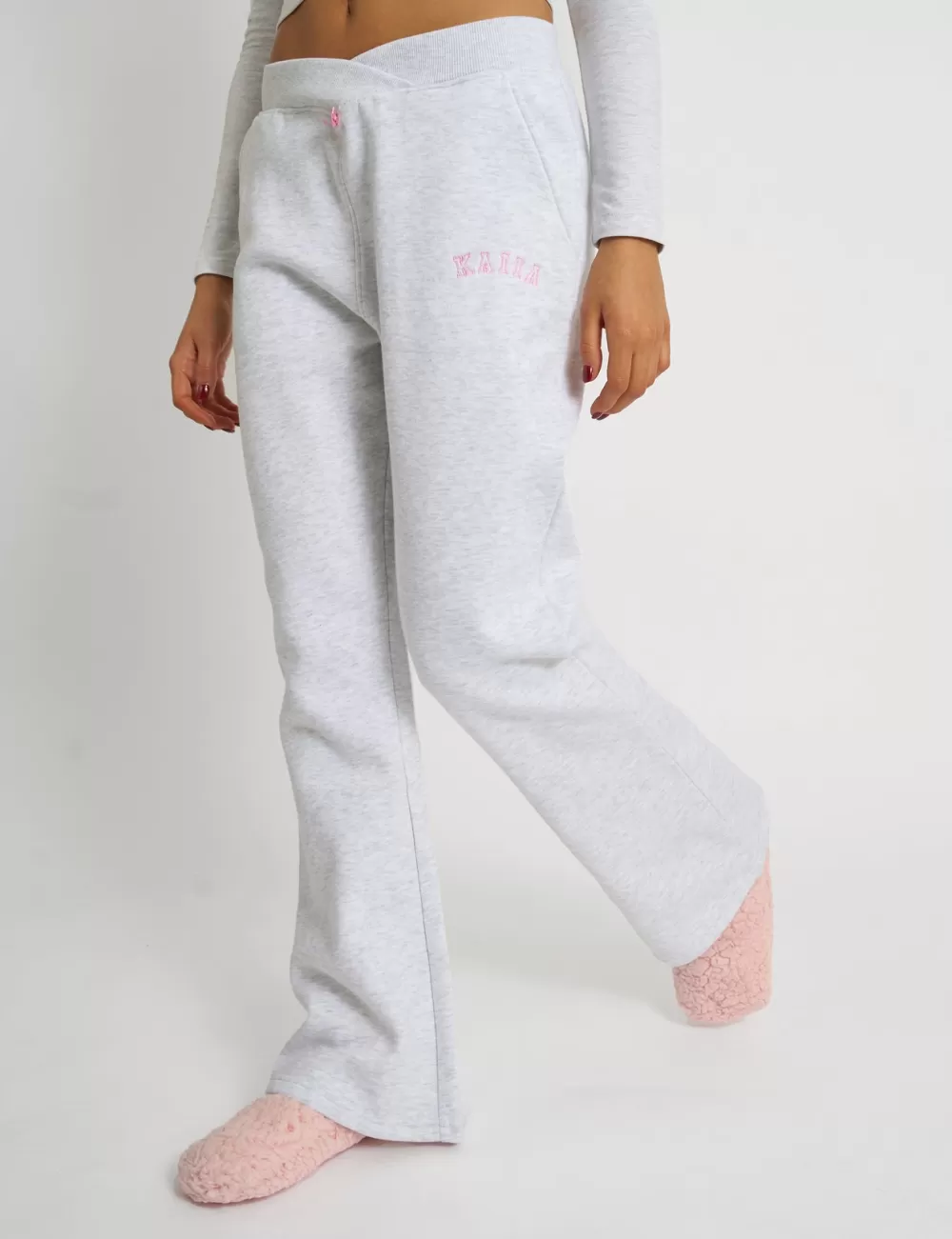 Discount Public Desire Kaiia Bow Detail Cross Over Waistband Joggers Light Grey Marl Light_grey_marl