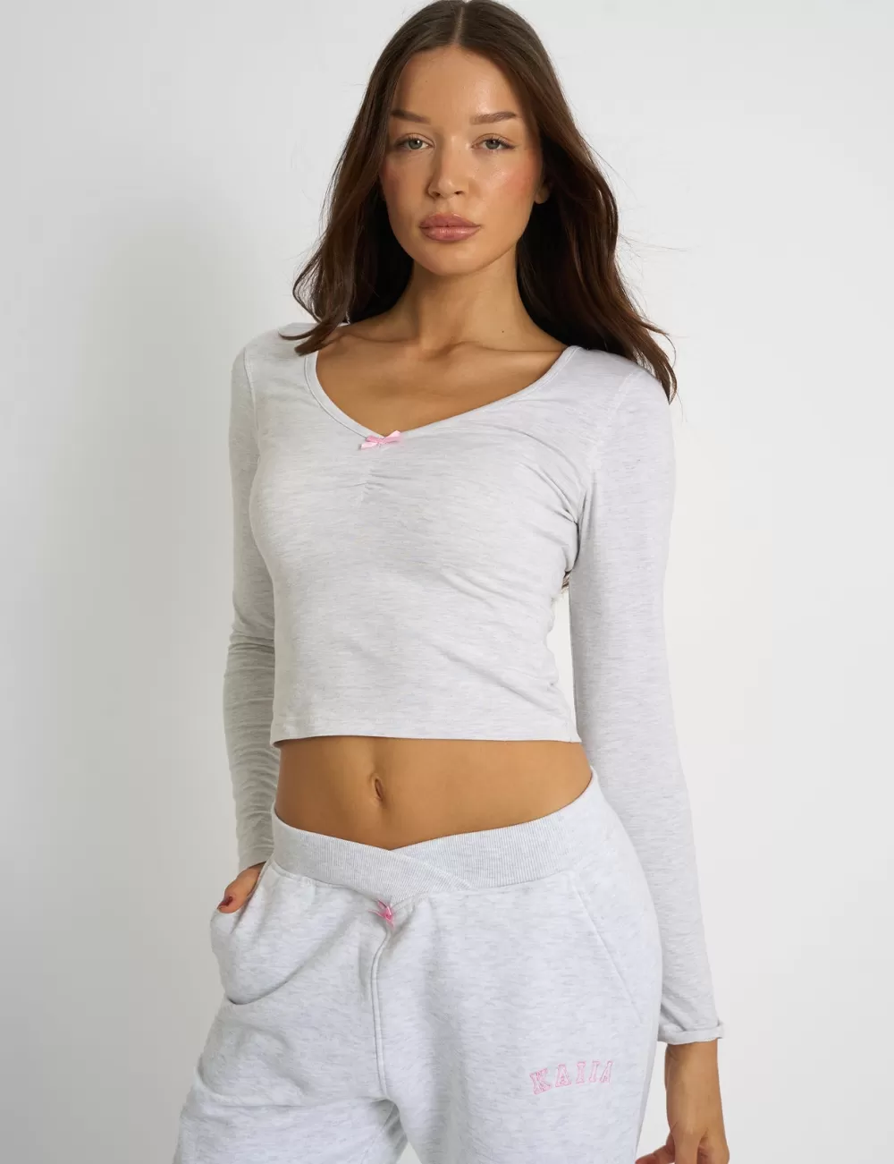 Discount Public Desire Kaiia Bow Detail Ruched Top Light Grey Marl Light_grey_marl