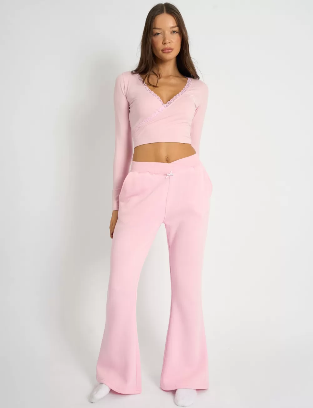 New Public Desire Kaiia Bow Detail Wide Leg Joggers Pink