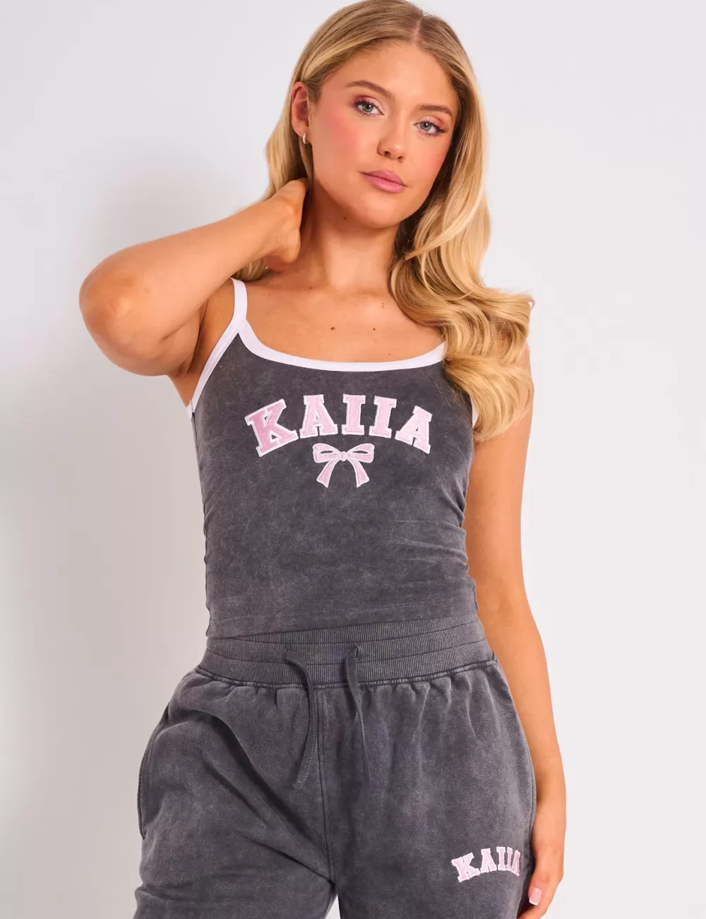 Outlet Public Desire Kaiia Bow Embroidered Cami Top Washed Dark Grey & Pink Washed_dark_grey_pink