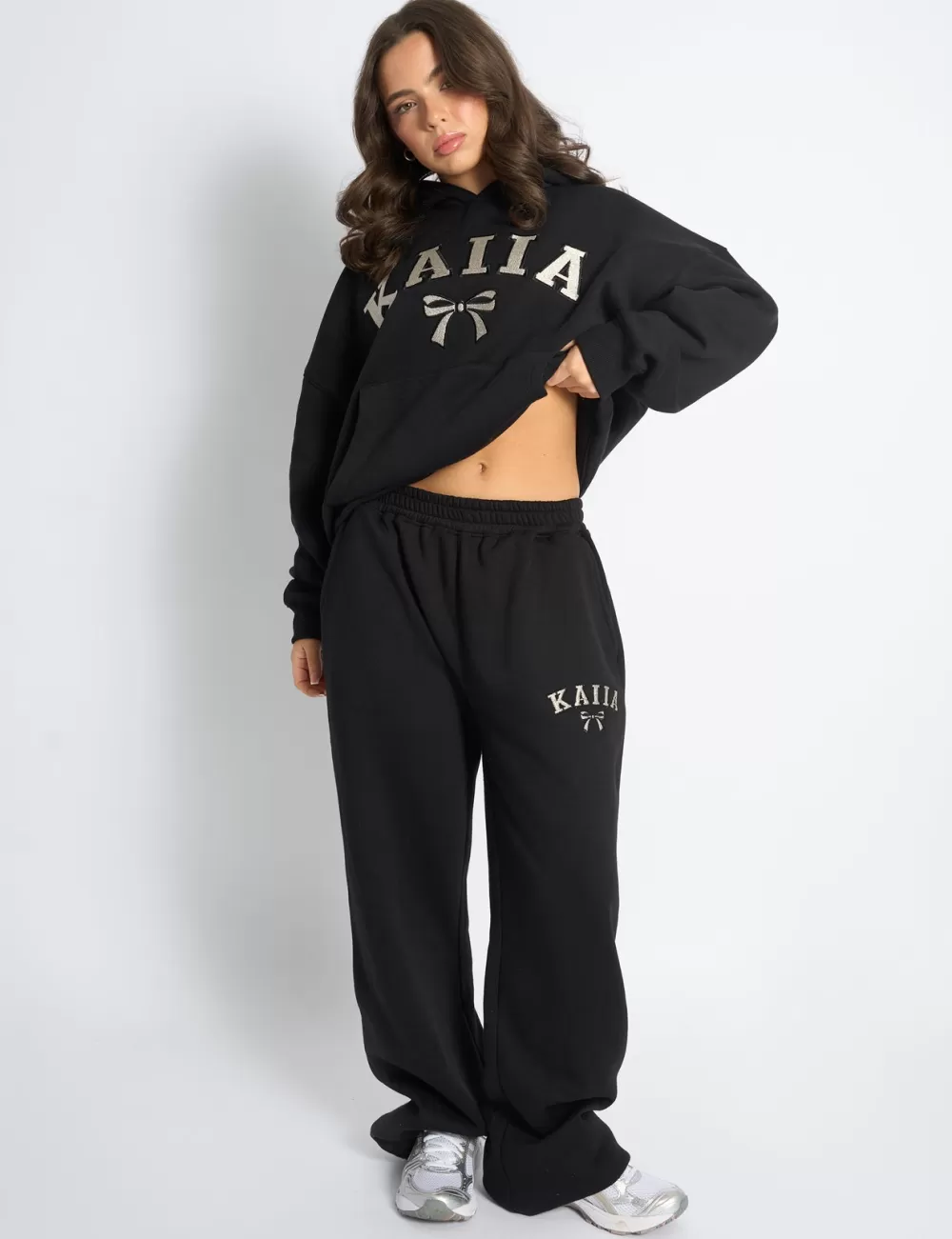 Fashion Public Desire Kaiia Bow Embroidered Ribbed Waistband Wide Leg Joggers Black & Silver Black_u0026_silver