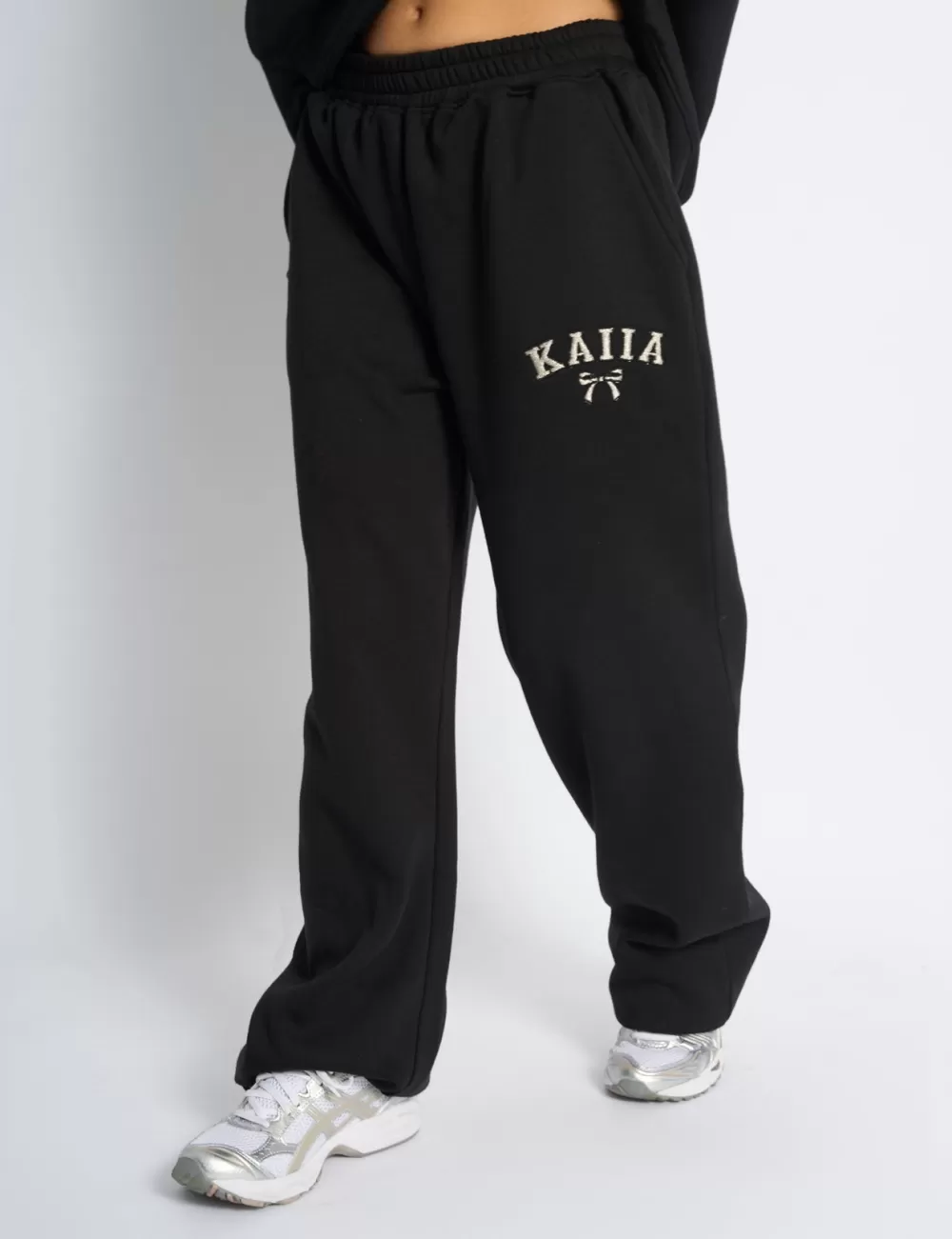 Fashion Public Desire Kaiia Bow Embroidered Ribbed Waistband Wide Leg Joggers Black & Silver Black_u0026_silver