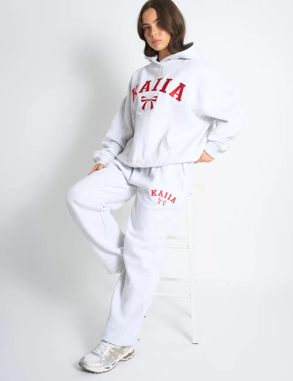 Best Sale Public Desire Kaiia Bow Embroidered Ribbed Waistband Wide Leg Joggers Light Grey Marl & Red Light_grey_marl_u0026_red