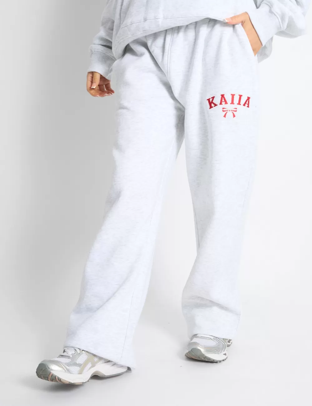 Best Sale Public Desire Kaiia Bow Embroidered Ribbed Waistband Wide Leg Joggers Light Grey Marl & Red Light_grey_marl_u0026_red