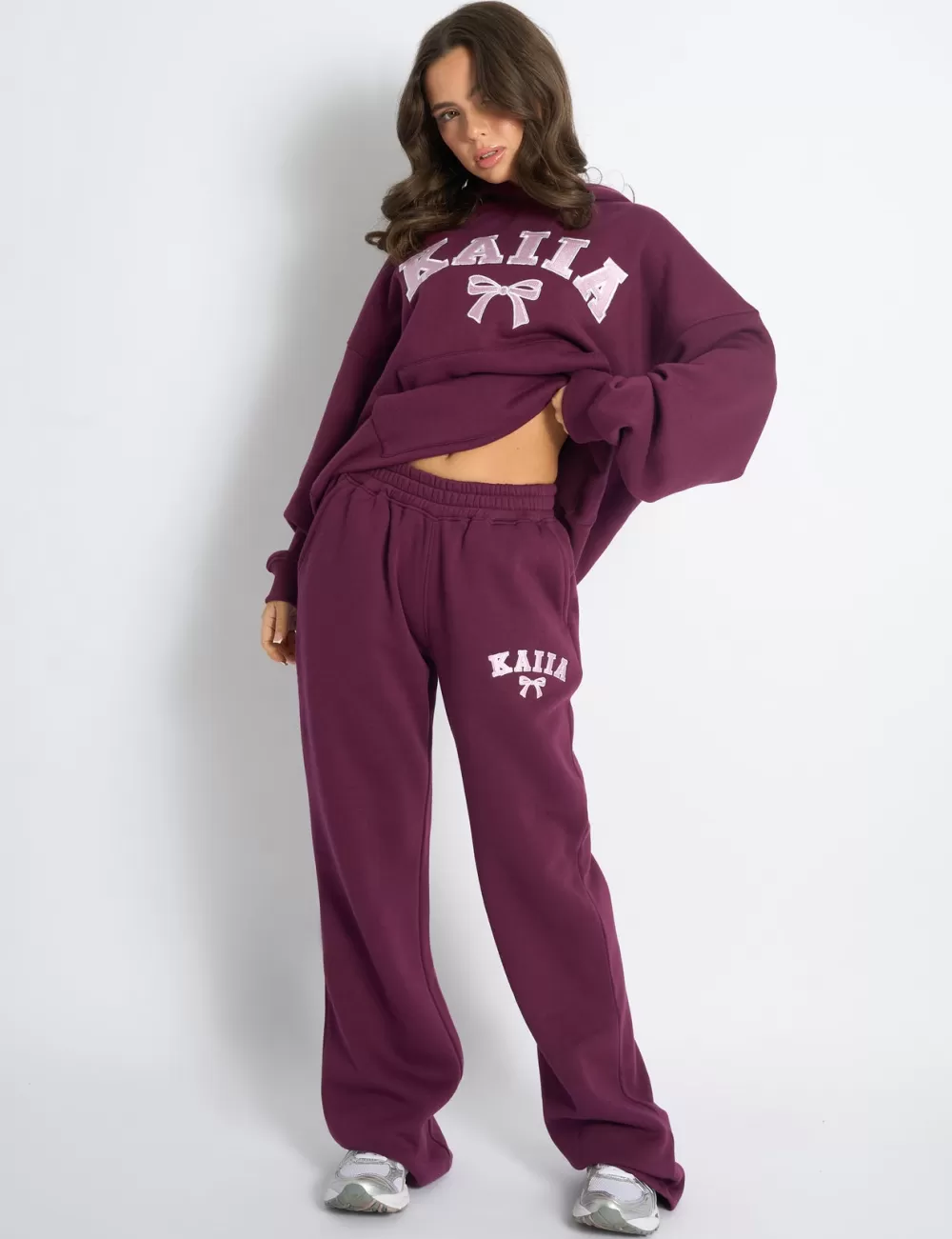 Store Public Desire Kaiia Bow Embroidered Ribbed Waistband Wide Leg Joggers Plum & Baby Pink Plum_u0026_baby_pink