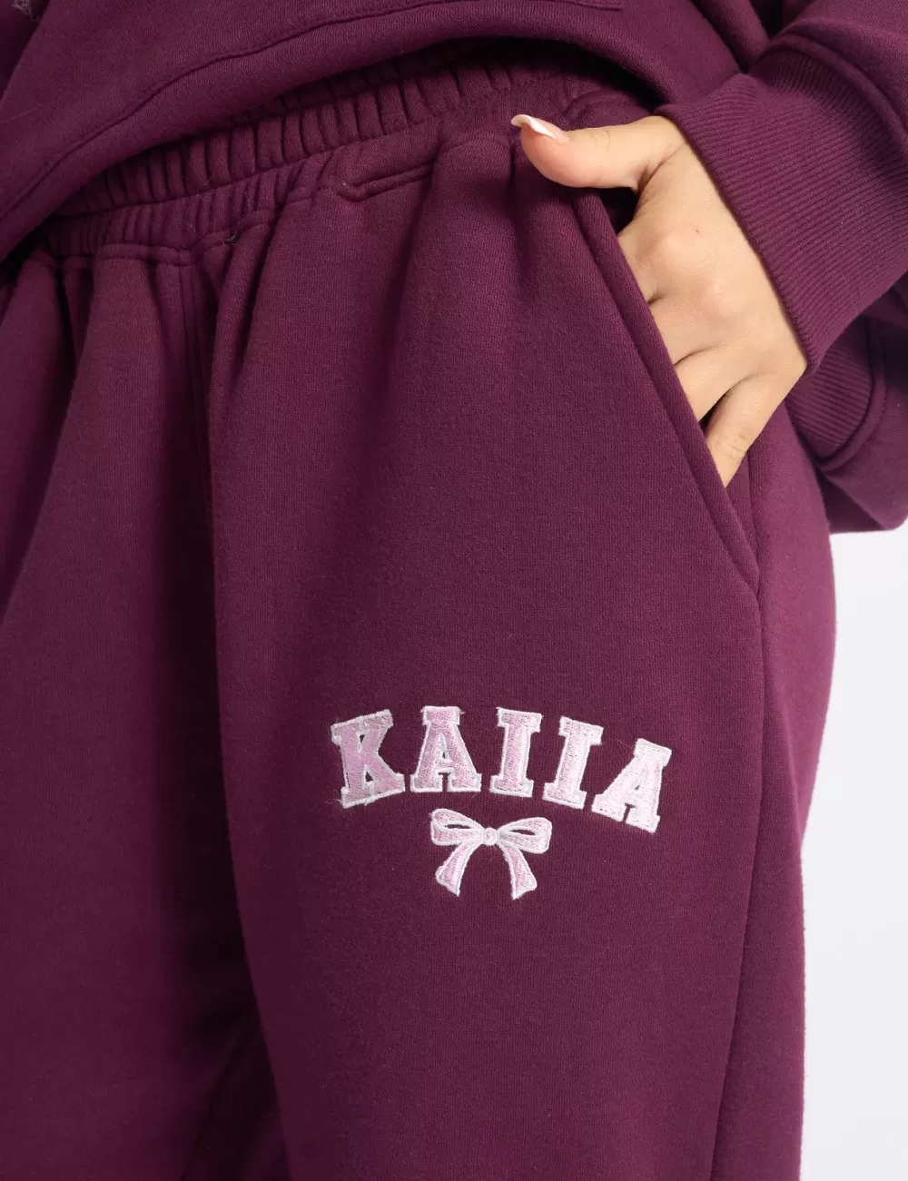 Store Public Desire Kaiia Bow Embroidered Ribbed Waistband Wide Leg Joggers Plum & Baby Pink Plum_u0026_baby_pink