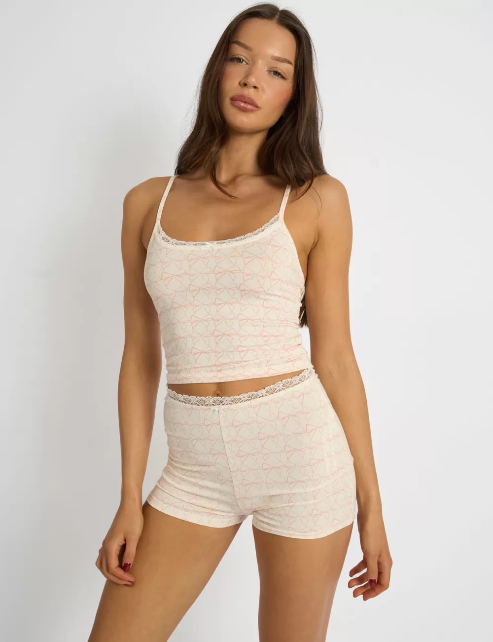 Cheap Public Desire Kaiia Bow Print Lace Cami Top & Shorts Pj Set Cream & Pink Cream_pink