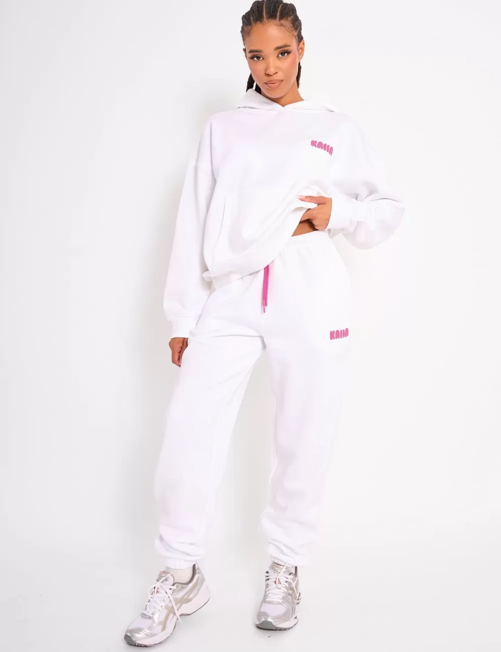 New Public Desire Kaiia Bubble Logo Cuffed Joggers White & Hot Pink White_hot_pink