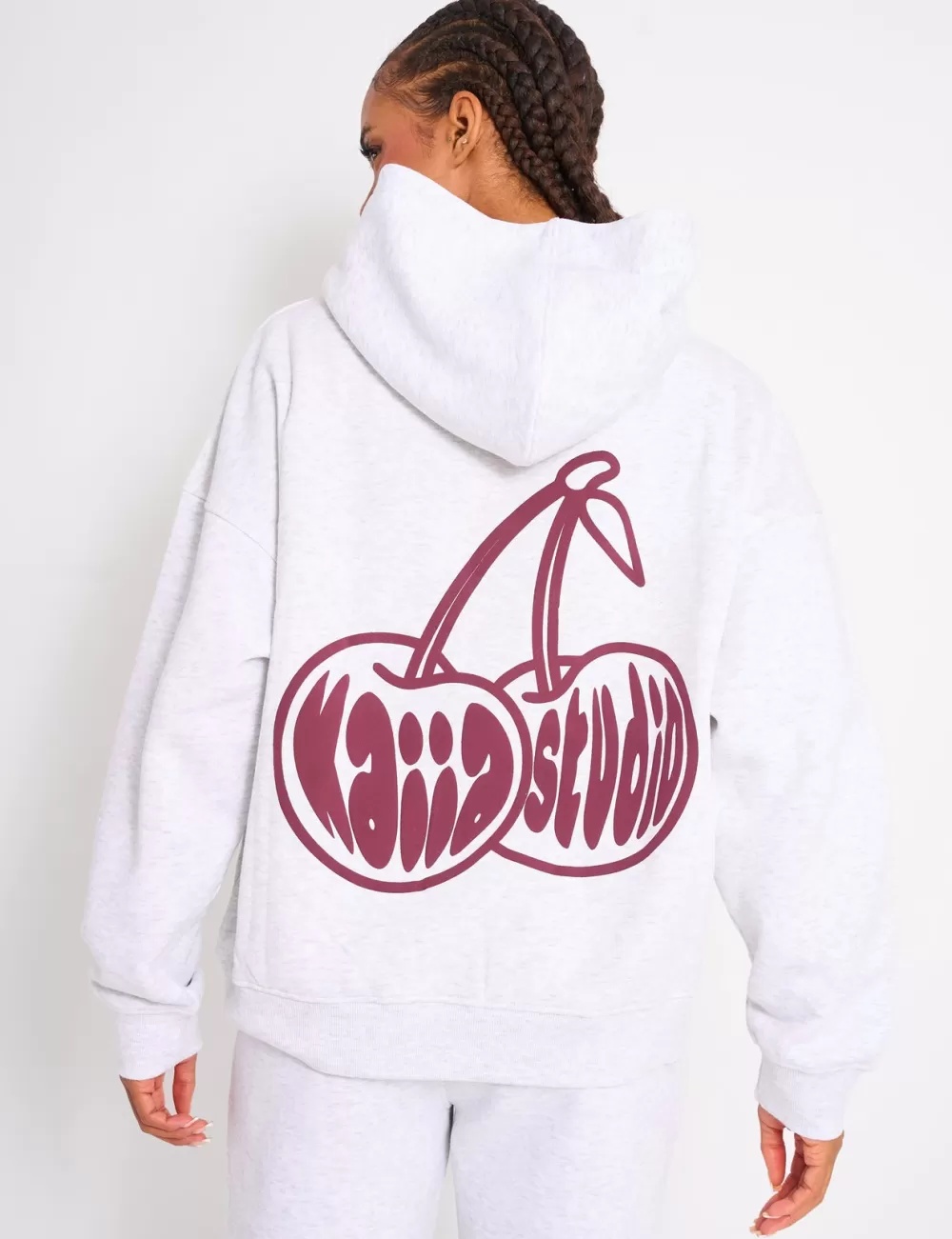 Sale Public Desire Kaiia Cherry Graphic Oversized Hoodie Light Grey Marl & Plum Light_grey_marl_u0026_plum