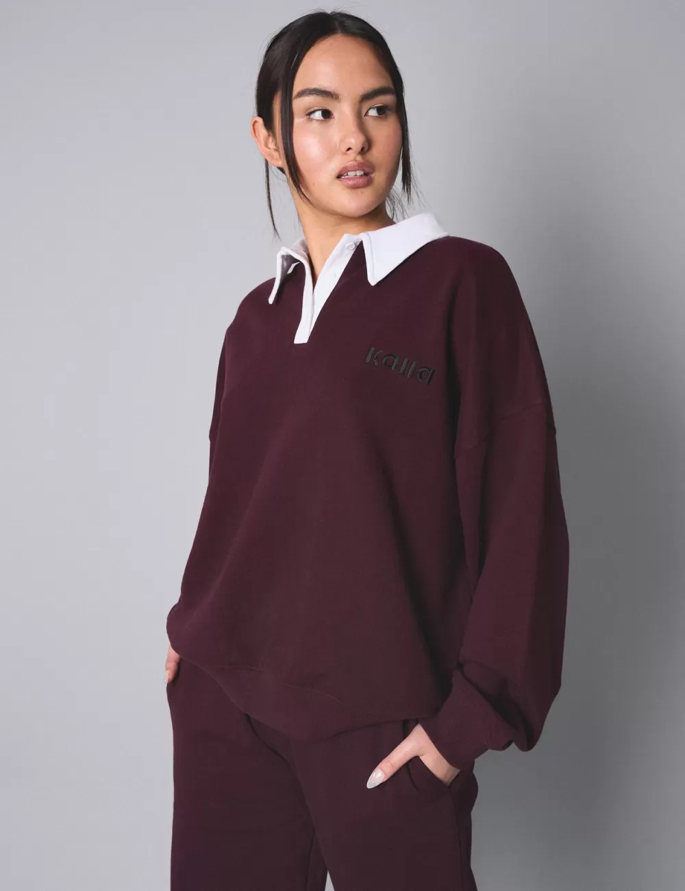 Online Public Desire Kaiia Contrast Collar Oversized Rugby Sweatshirt Burgundy