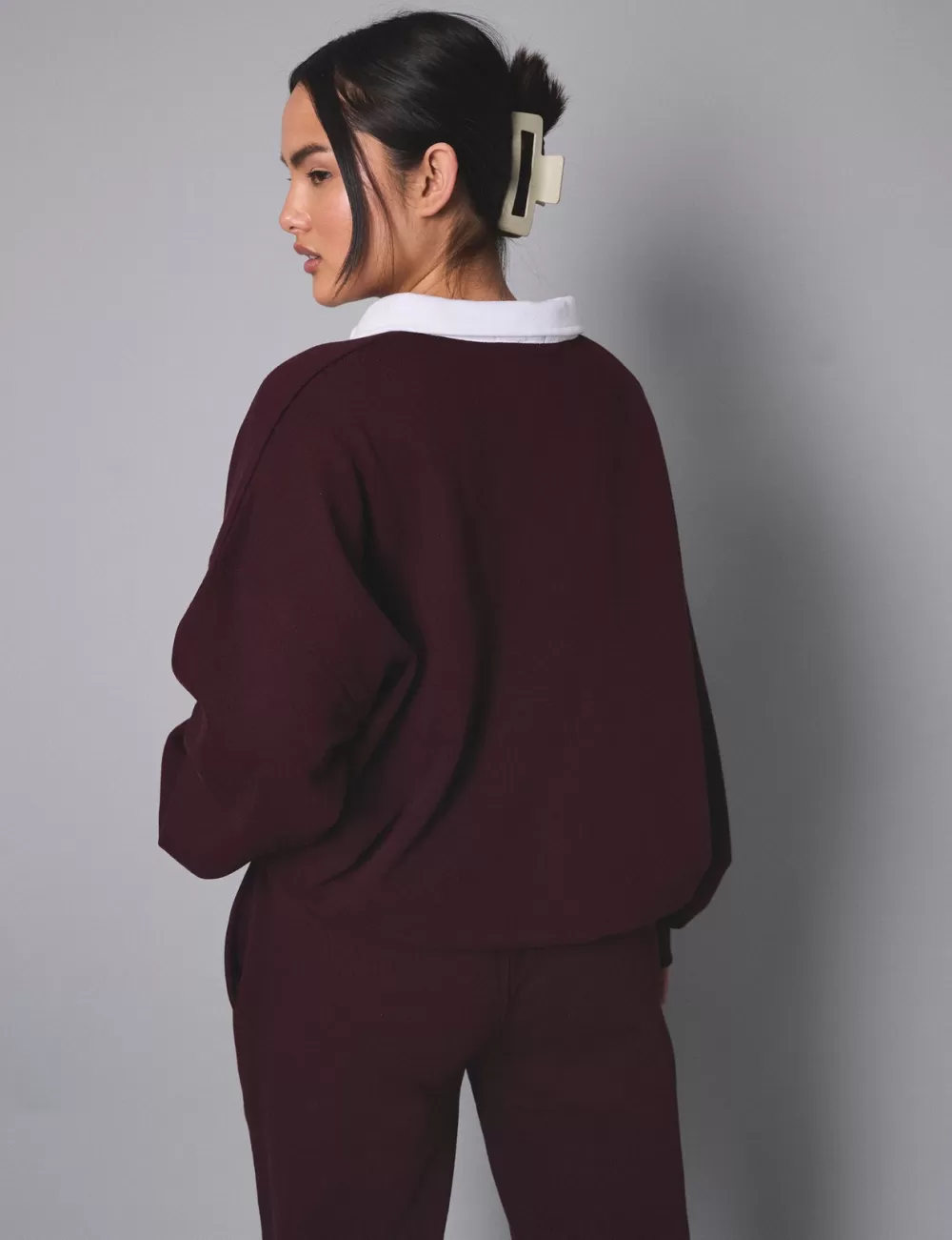 Online Public Desire Kaiia Contrast Collar Oversized Rugby Sweatshirt Burgundy