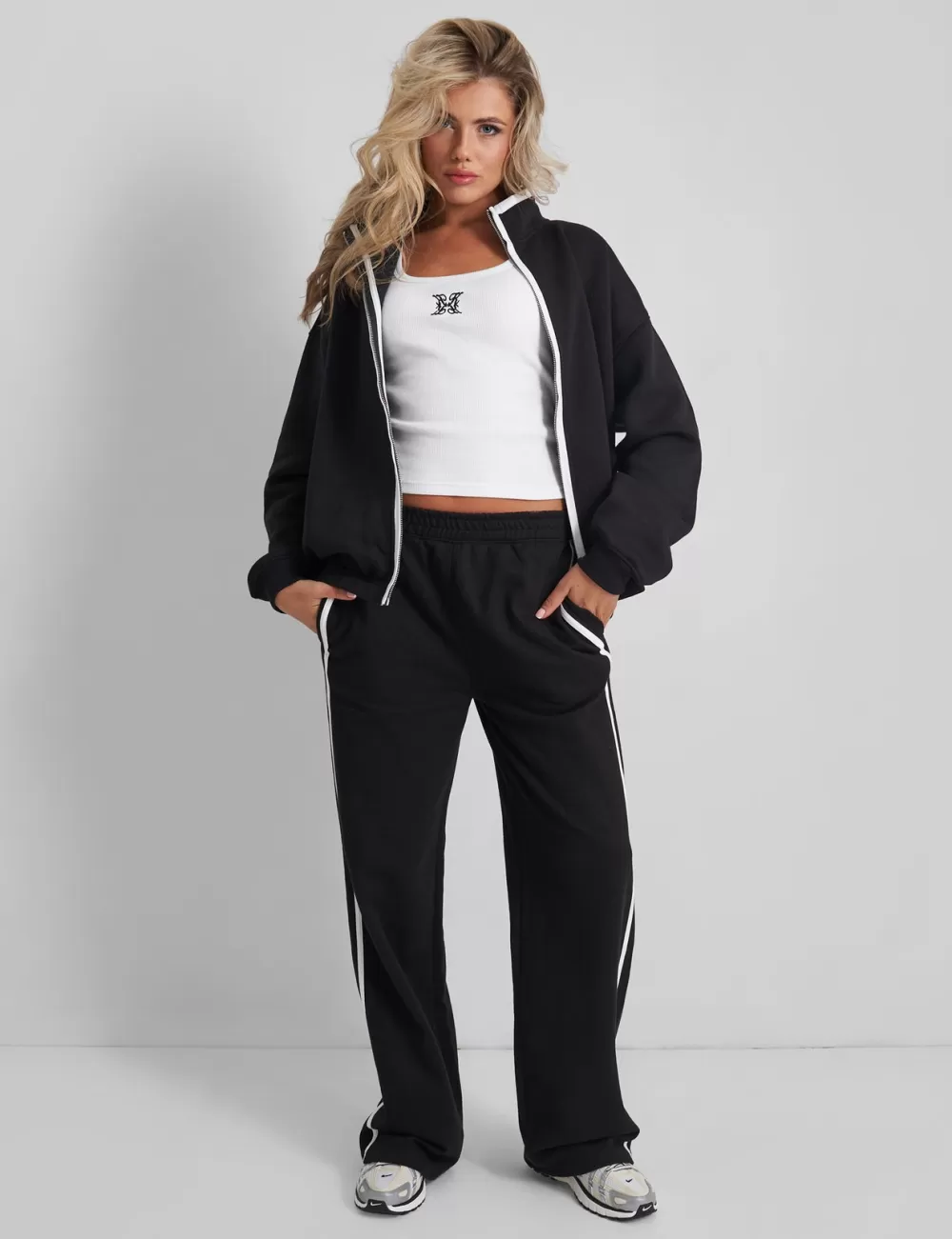 Store Public Desire Kaiia Contrast Piping Zip Up Sweatshirt White Black