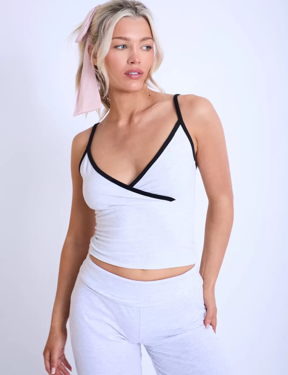 Cheap Public Desire Kaiia Contrast Trim Wrap Top Light Grey Marl & Black Light_grey_marl