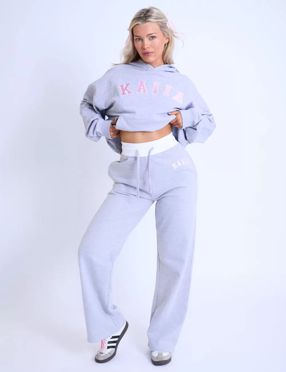 Fashion Public Desire Kaiia Contrast Waistband Wide Leg Sweat Pants Grey Marl & Pink Light_grey_marl