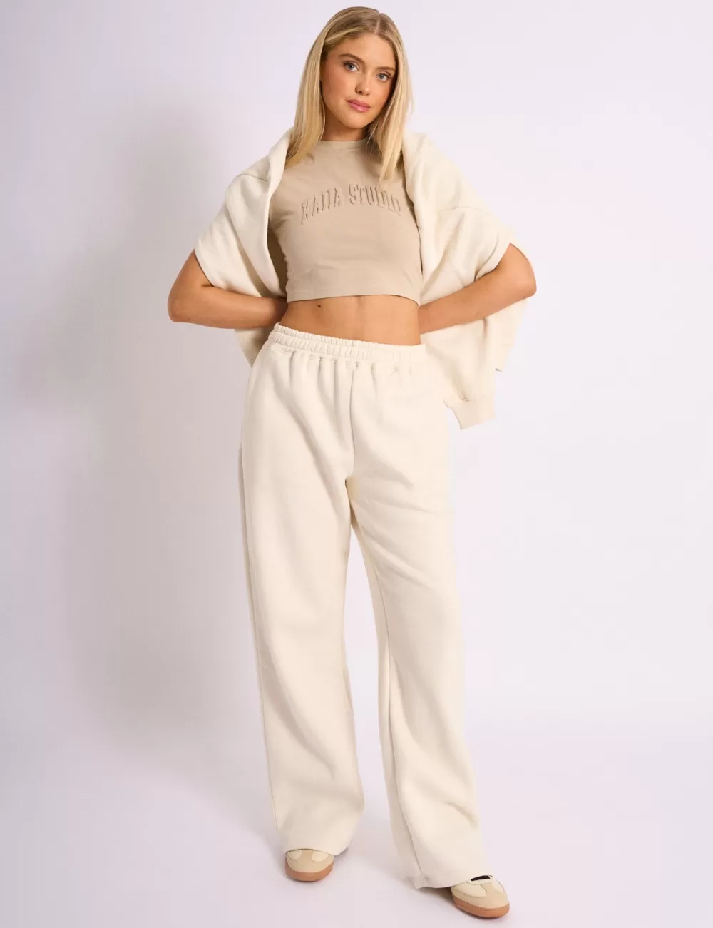 Fashion Public Desire Kaiia Embossed Wide Leg Joggers Cream