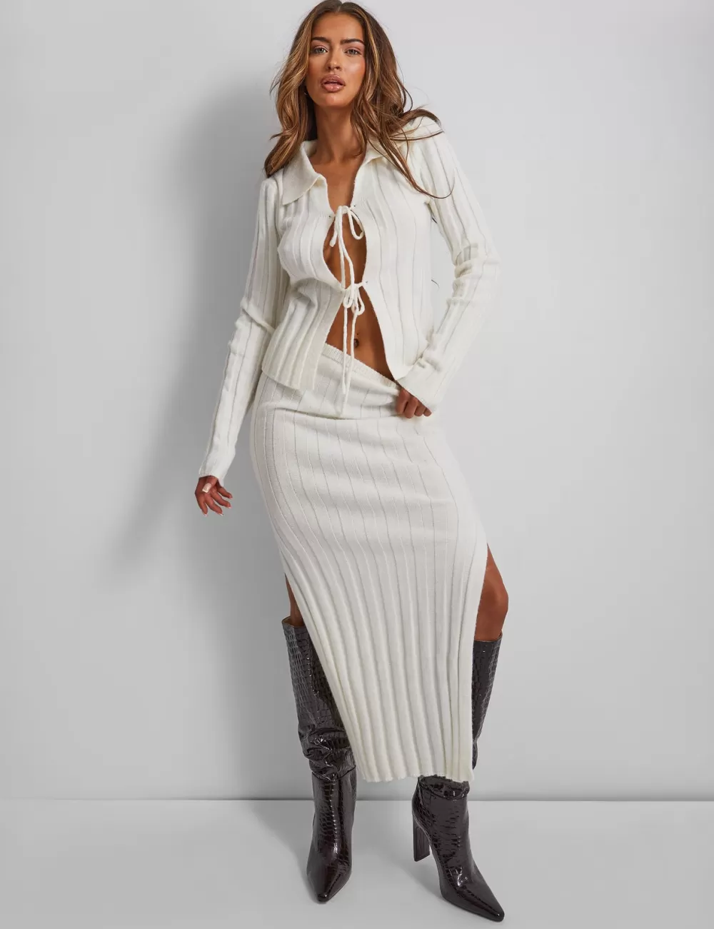 Online Public Desire Kaiia Knitted Maxi Skirt in Cream Neutral