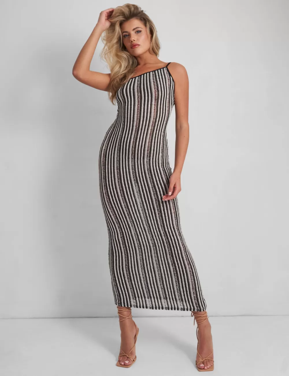 Best Public Desire Kaiia Knitted One Shoulder Maxi Dress Black and White Stripe Mono