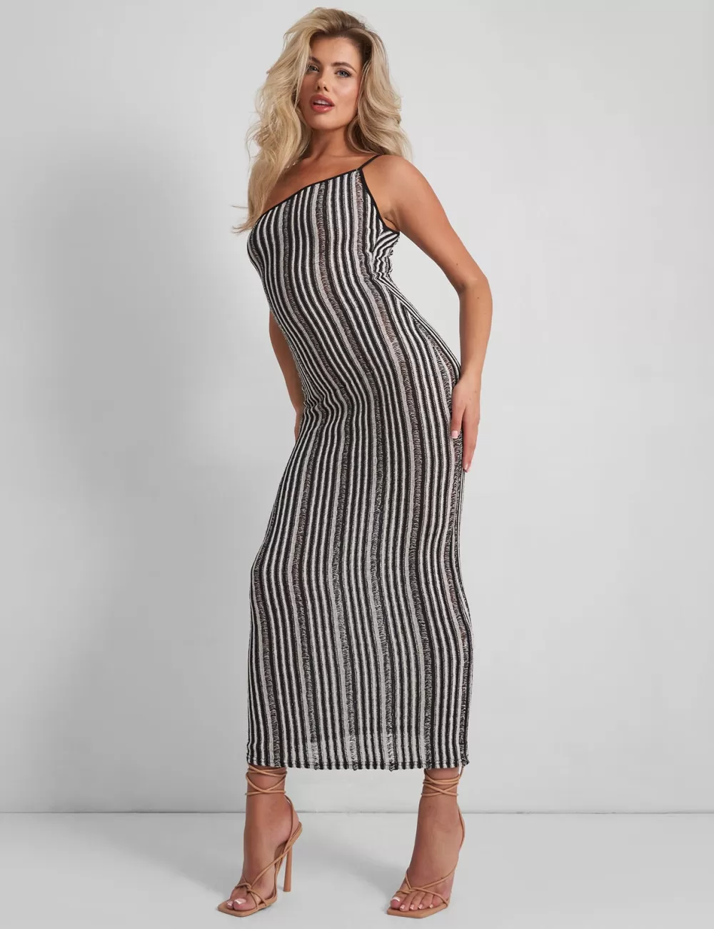 Best Public Desire Kaiia Knitted One Shoulder Maxi Dress Black and White Stripe Mono