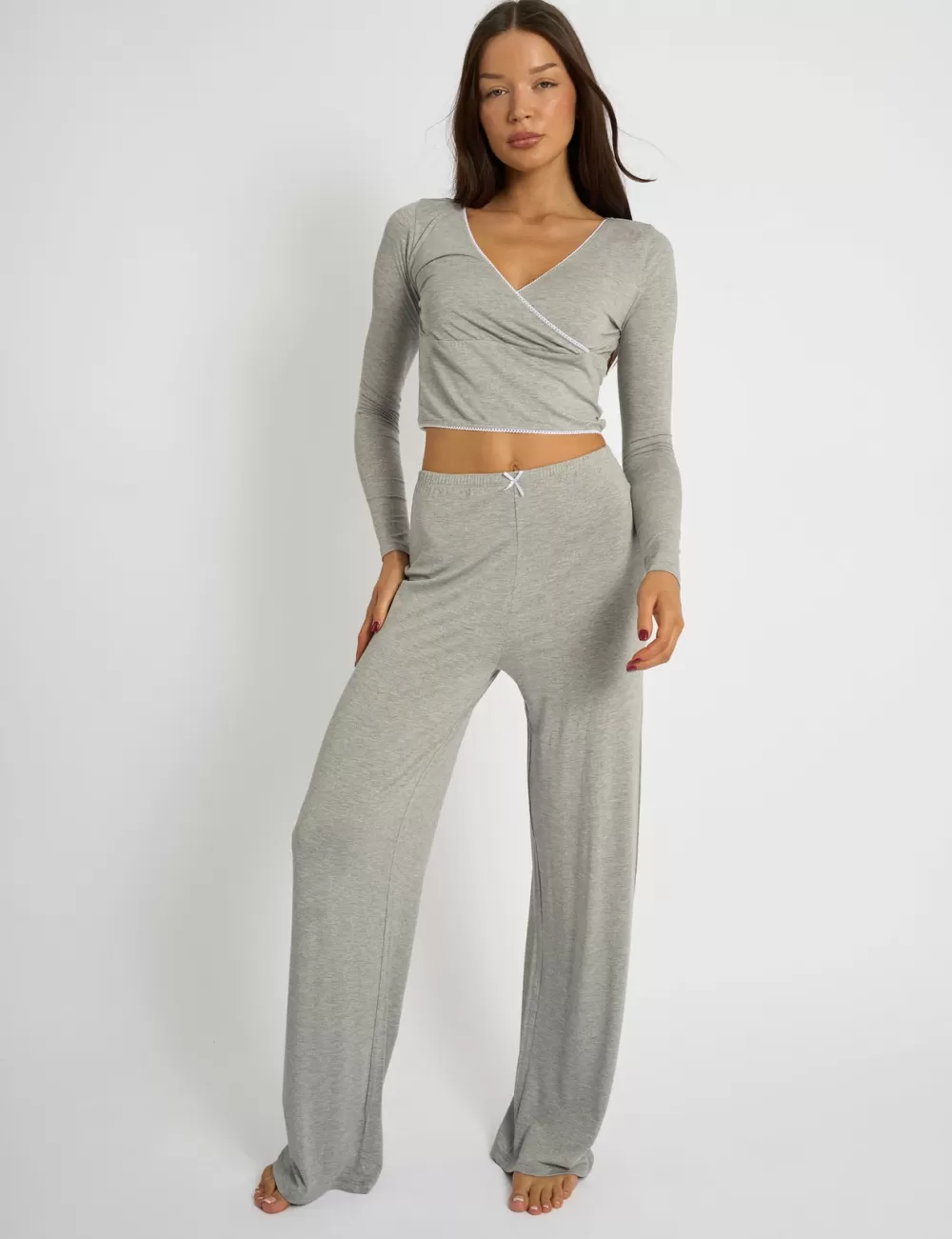 Shop Public Desire Kaiia Lace Wrap Top & Trouser Pj Set Grey Melange Grey_melange