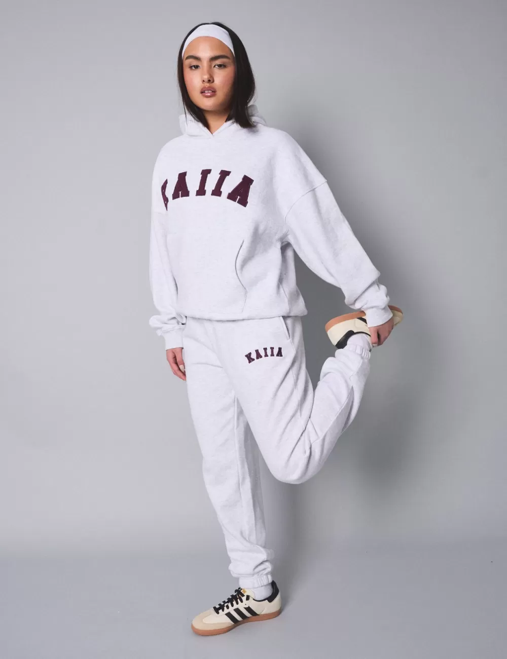 Online Public Desire Kaiia Logo Cuffed Joggers Light Grey Marl With Burgundy Light_grey_marl