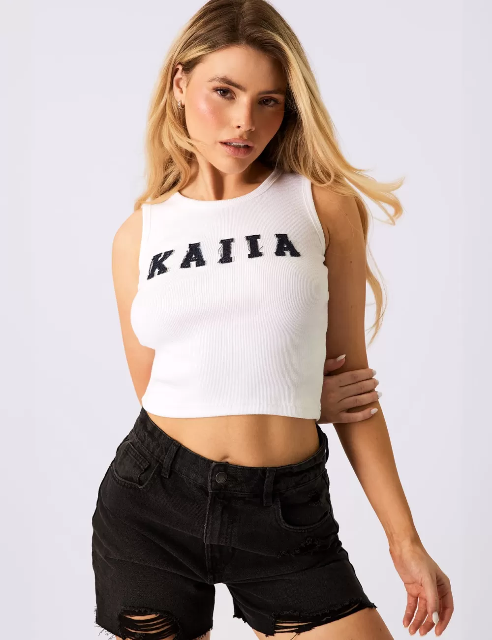 Best Public Desire Kaiia Logo Denim Applique Ribbed Vest Top White