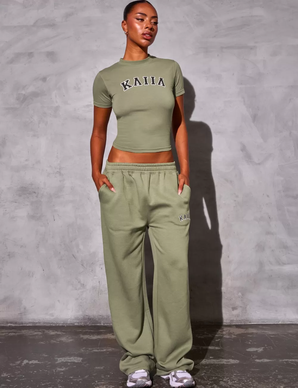 New Public Desire Kaiia Logo Wide Leg Joggers Khaki