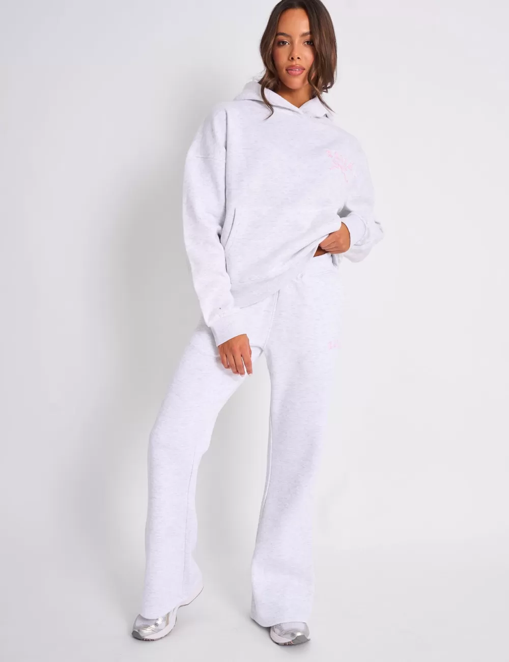 Fashion Public Desire Kaiia Logo Wide Leg Joggers Light Grey Marl & Baby Pink Light_grey_marl_baby_pink