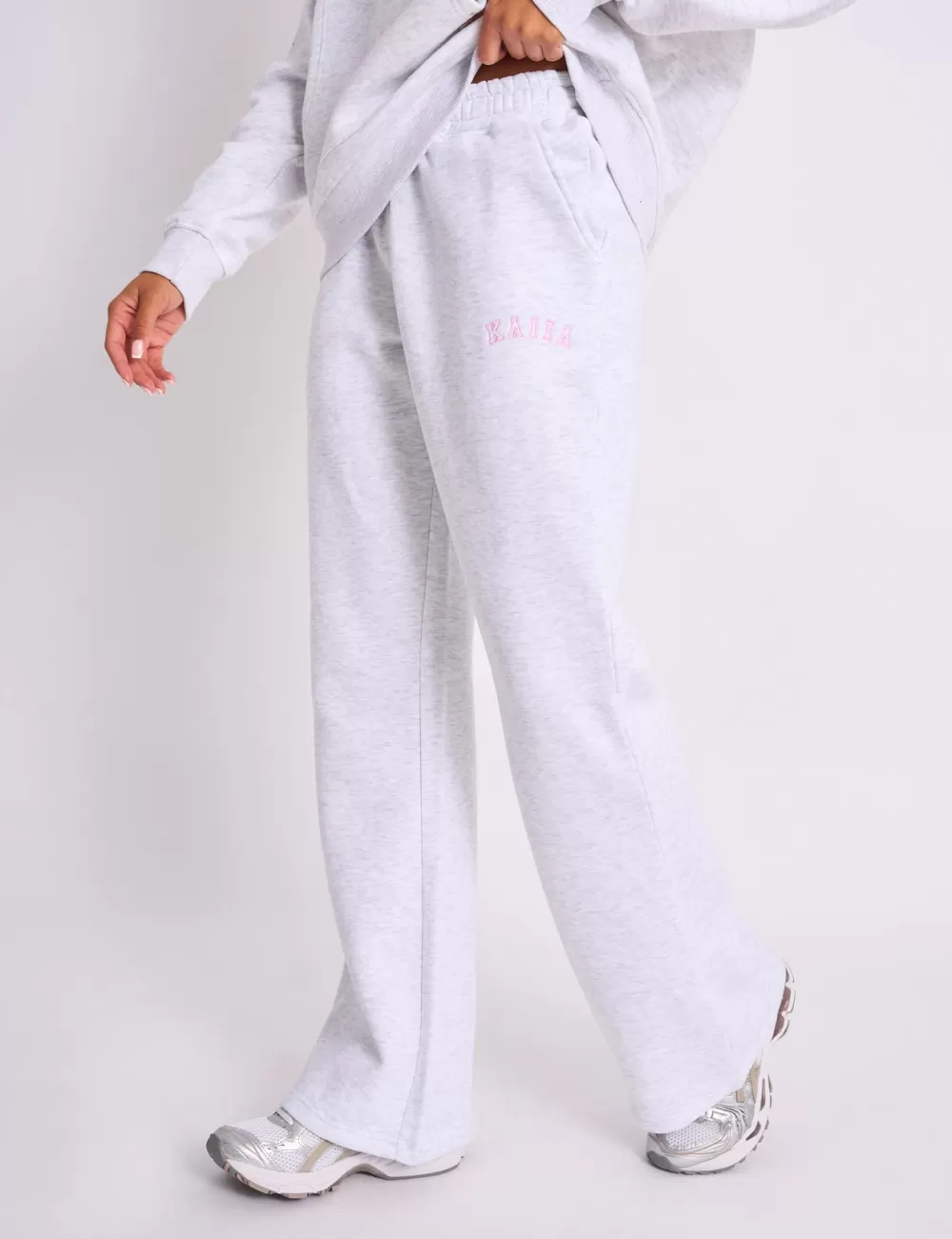 Fashion Public Desire Kaiia Logo Wide Leg Joggers Light Grey Marl & Baby Pink Light_grey_marl_baby_pink